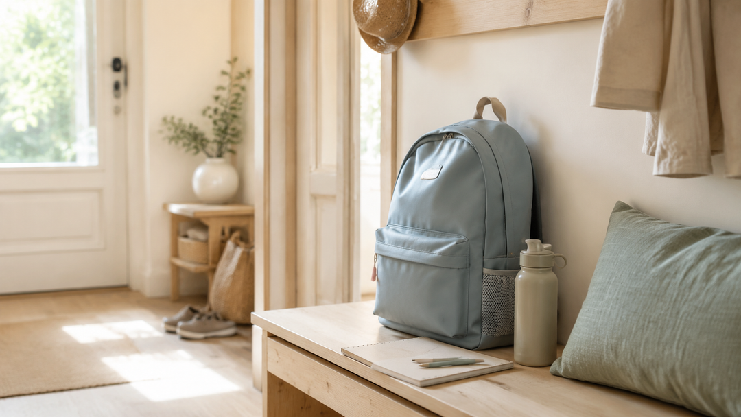 Zaino per bambini accanto a quaderno e borraccia in un ingresso luminoso