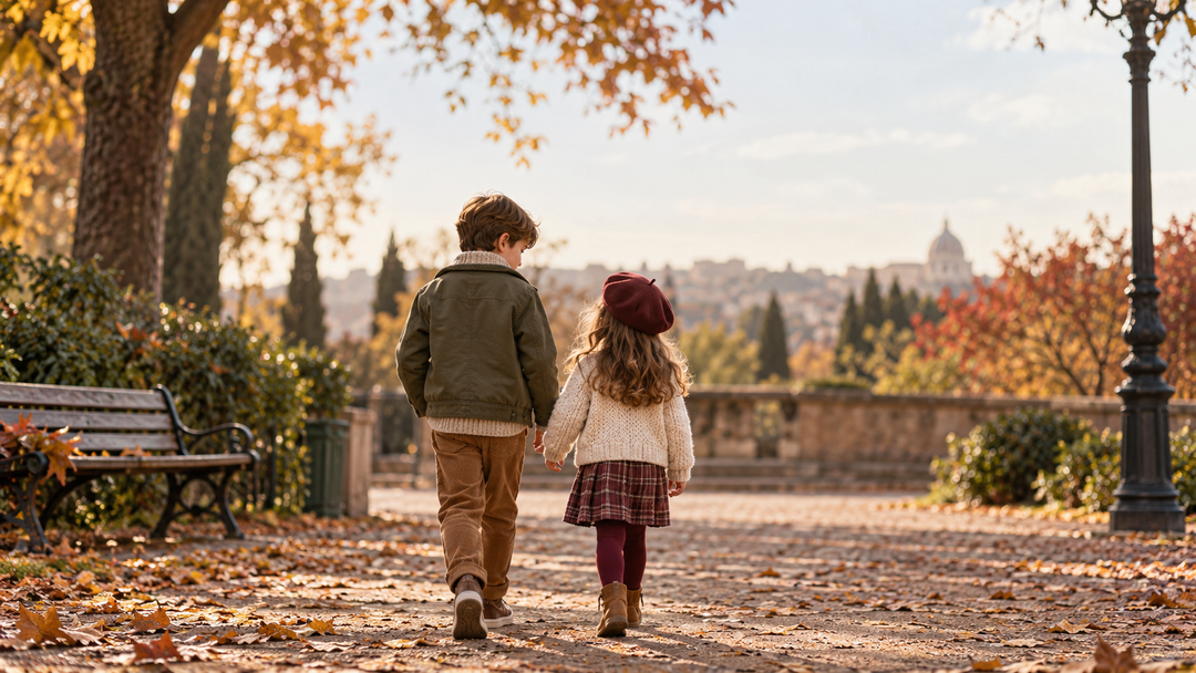 Fratello e sorella con outfit autunnali coordinati in tonalità calde