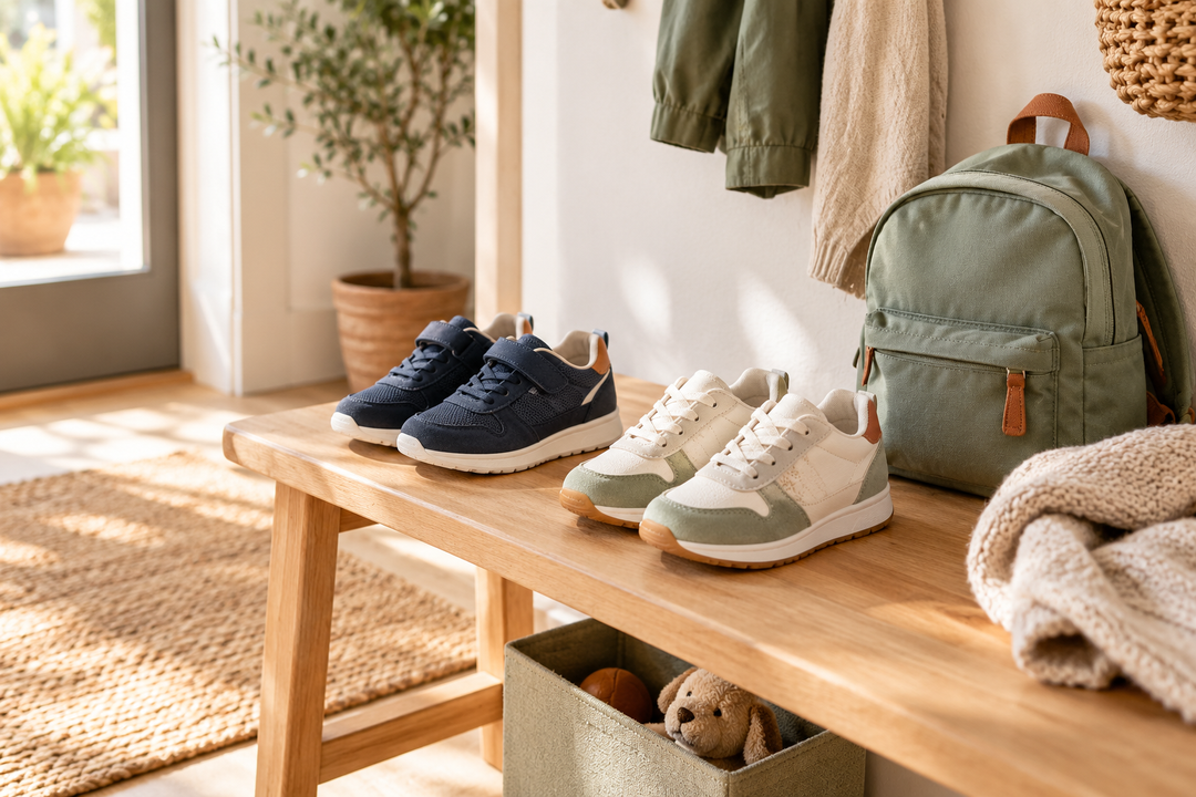Scarpe per bambini accanto a uno zaino, pronte per scuola e tempo libero