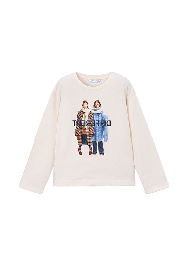 T-shirt da bambina Mayoral 4003 panna con stampa - vista frontale