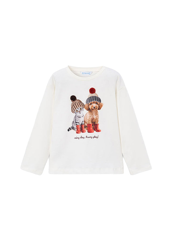 T-shirt da bambina Mayoral 4031 bianca con stampa bambine - vista frontale