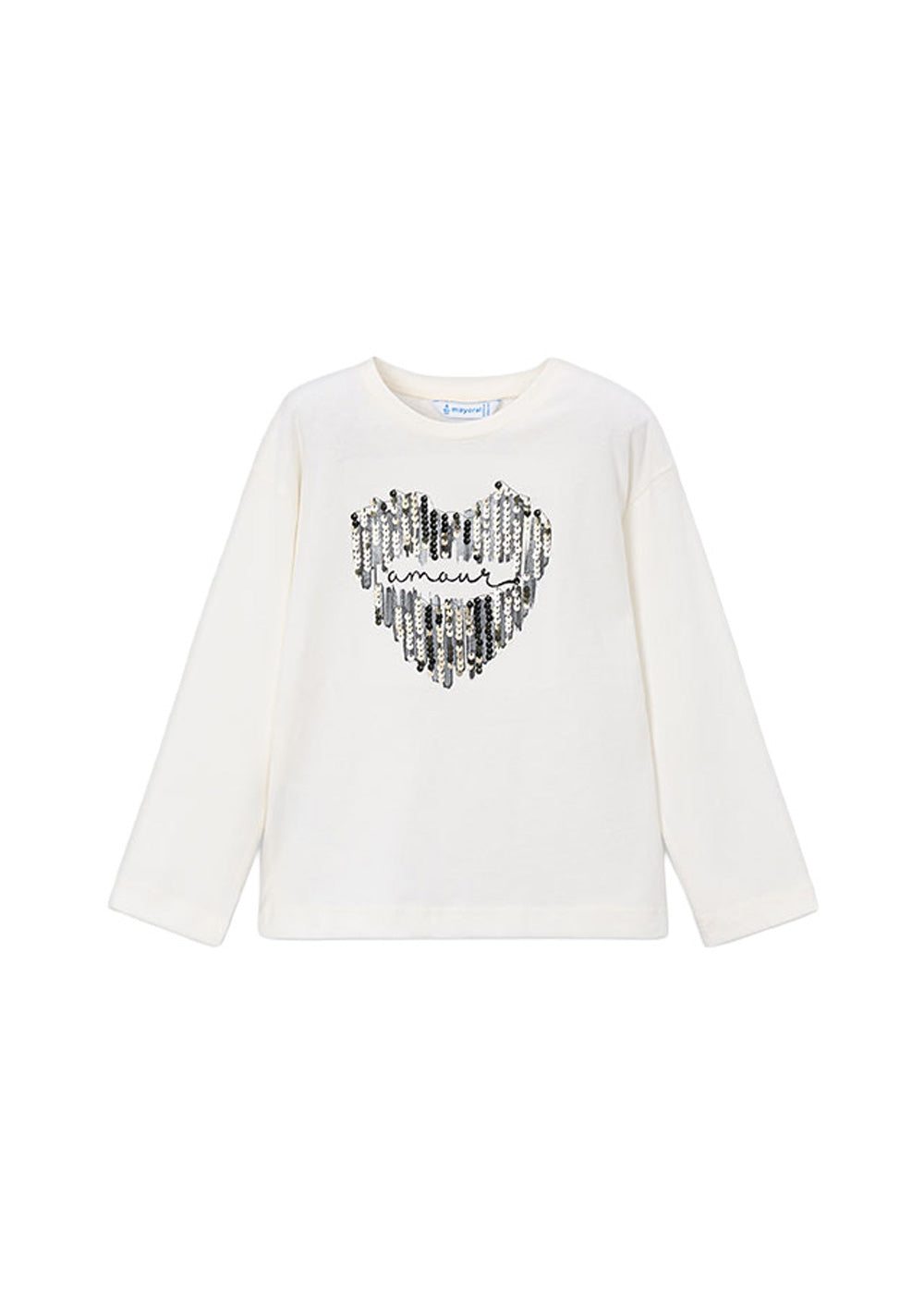 T-shirt da bambina Mayoral 4031 bianca con cuore nero - vista frontale