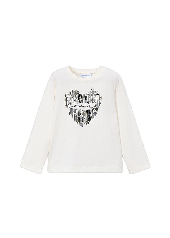 T-shirt da bambina Mayoral 4031 bianca con cuore nero - vista frontale