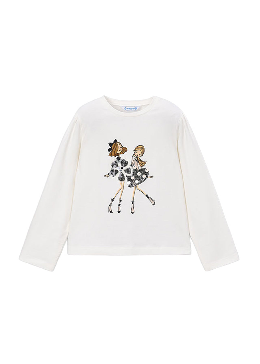 T-shirt da bambina Mayoral 4033 bianca con stampa bambine - vista frontale