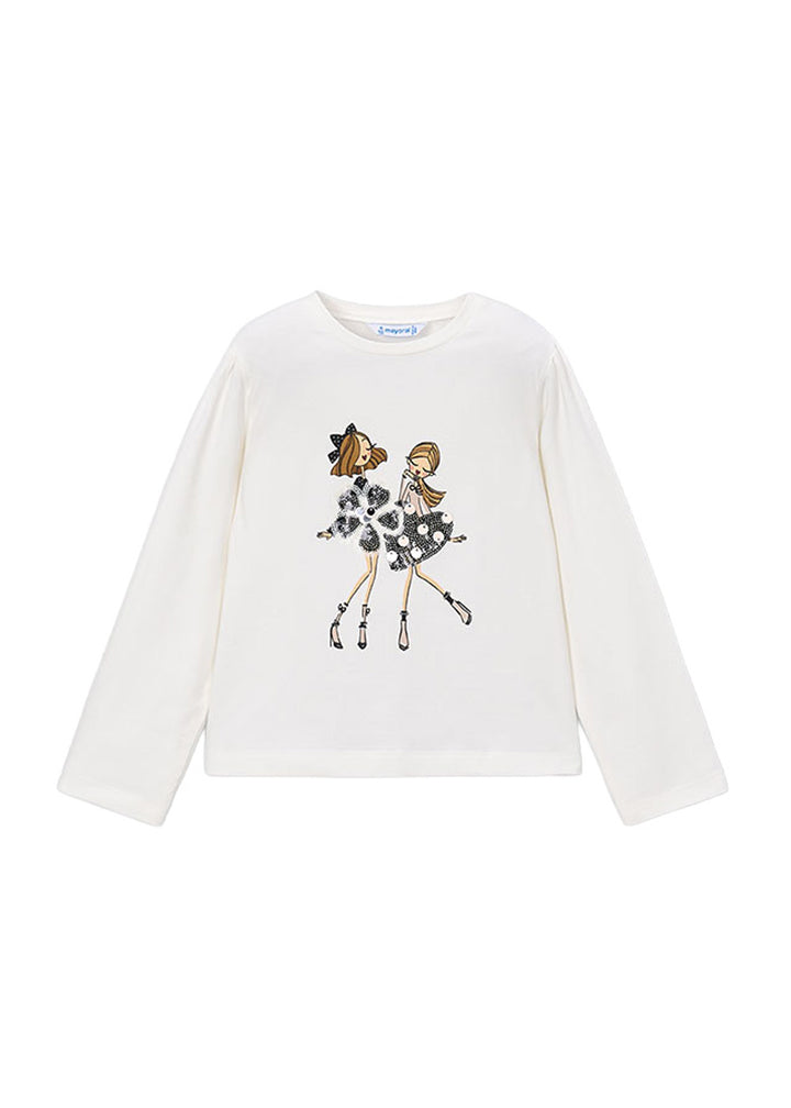 T-shirt da bambina Mayoral 4033 bianca con stampa bambine - vista frontale