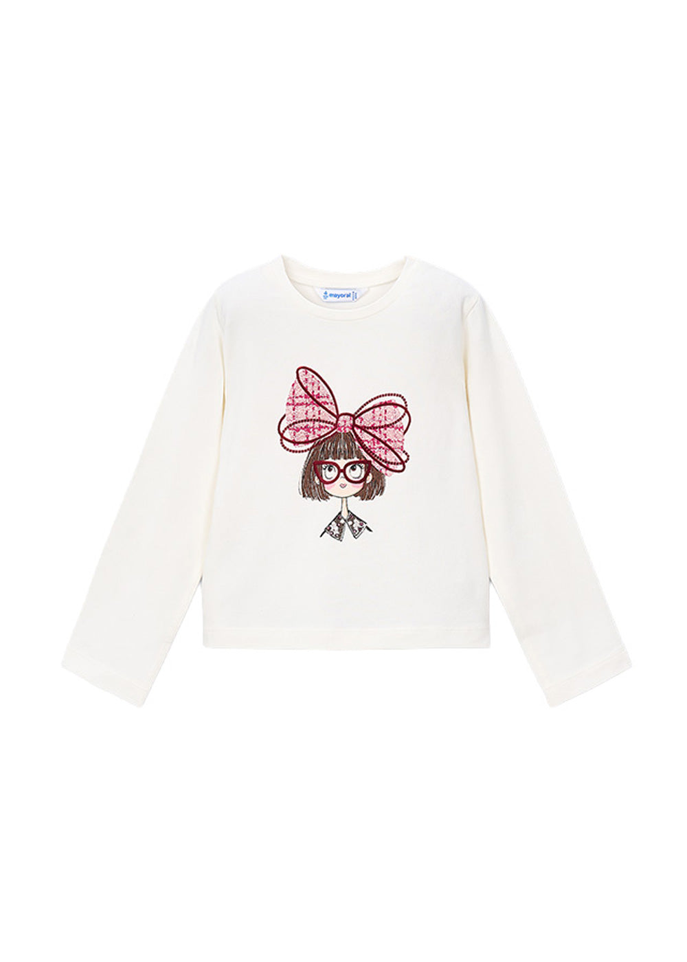T-shirt da bambina Mayoral 4034 bianca con fiocco rosa - vista frontale