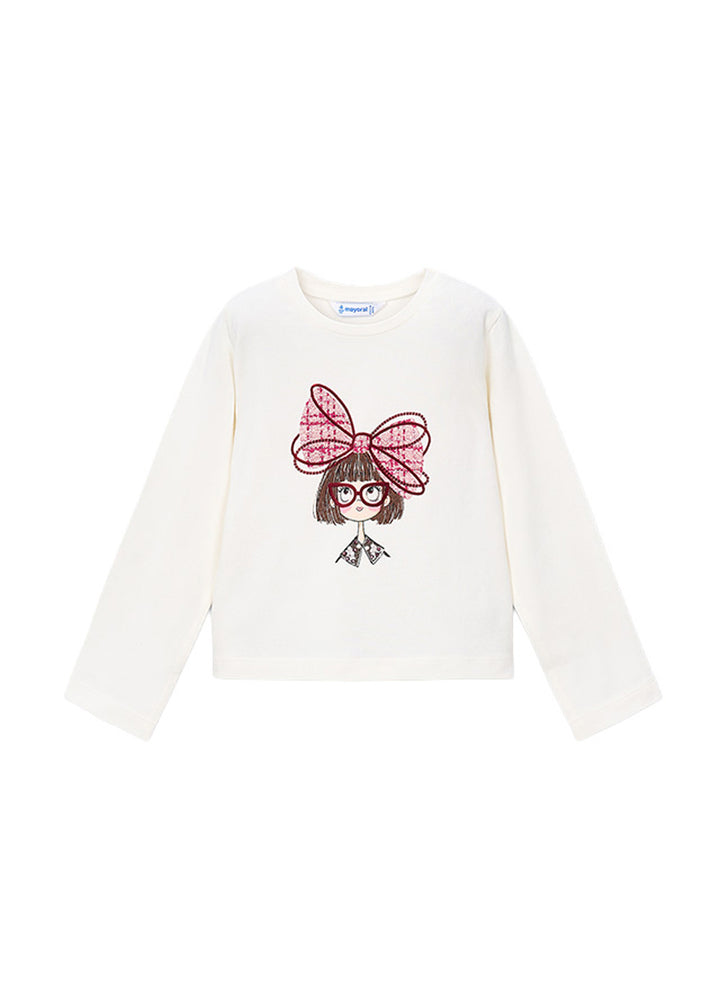 T-shirt da bambina Mayoral 4034 bianca con fiocco rosa - vista frontale