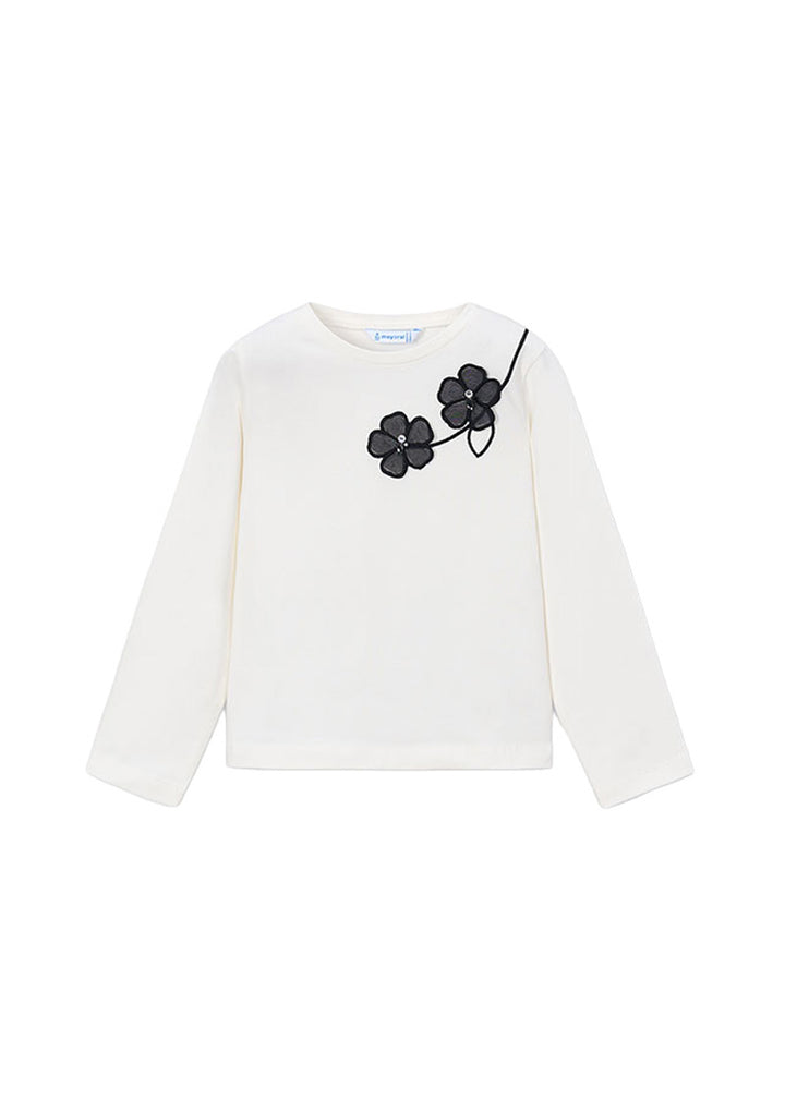 T-shirt da bambina Mayoral 4035 bianca con fiori neri - vista frontale