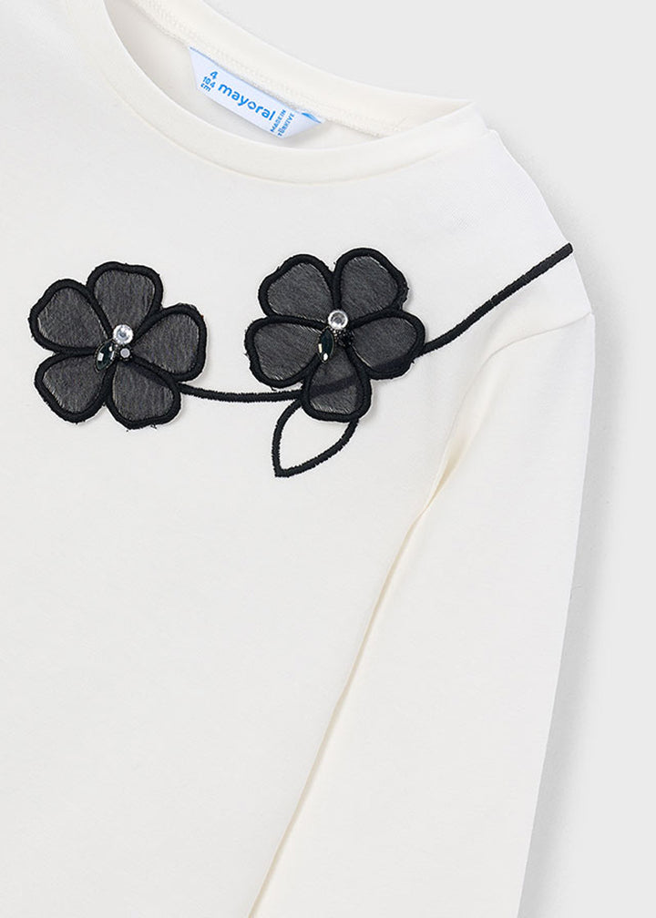 T-shirt da bambina Mayoral 4035 bianca con fiori neri - dettaglio 2