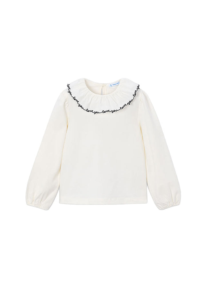 Blusa da bambina Mayoral 4149 bianca con profili neri - vista frontale